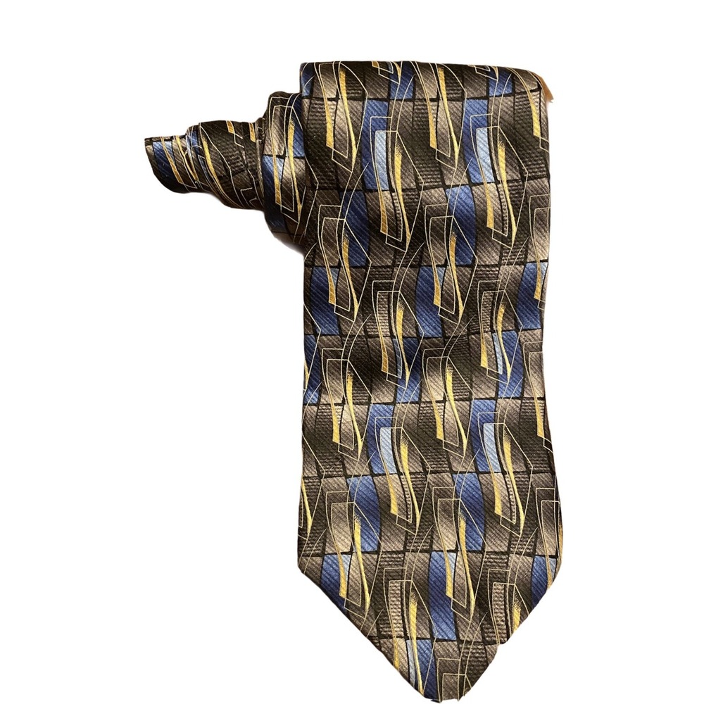 Machado George Machado Mens Silk Tie Blue Yellow Grey Geometric Abstract Pattern